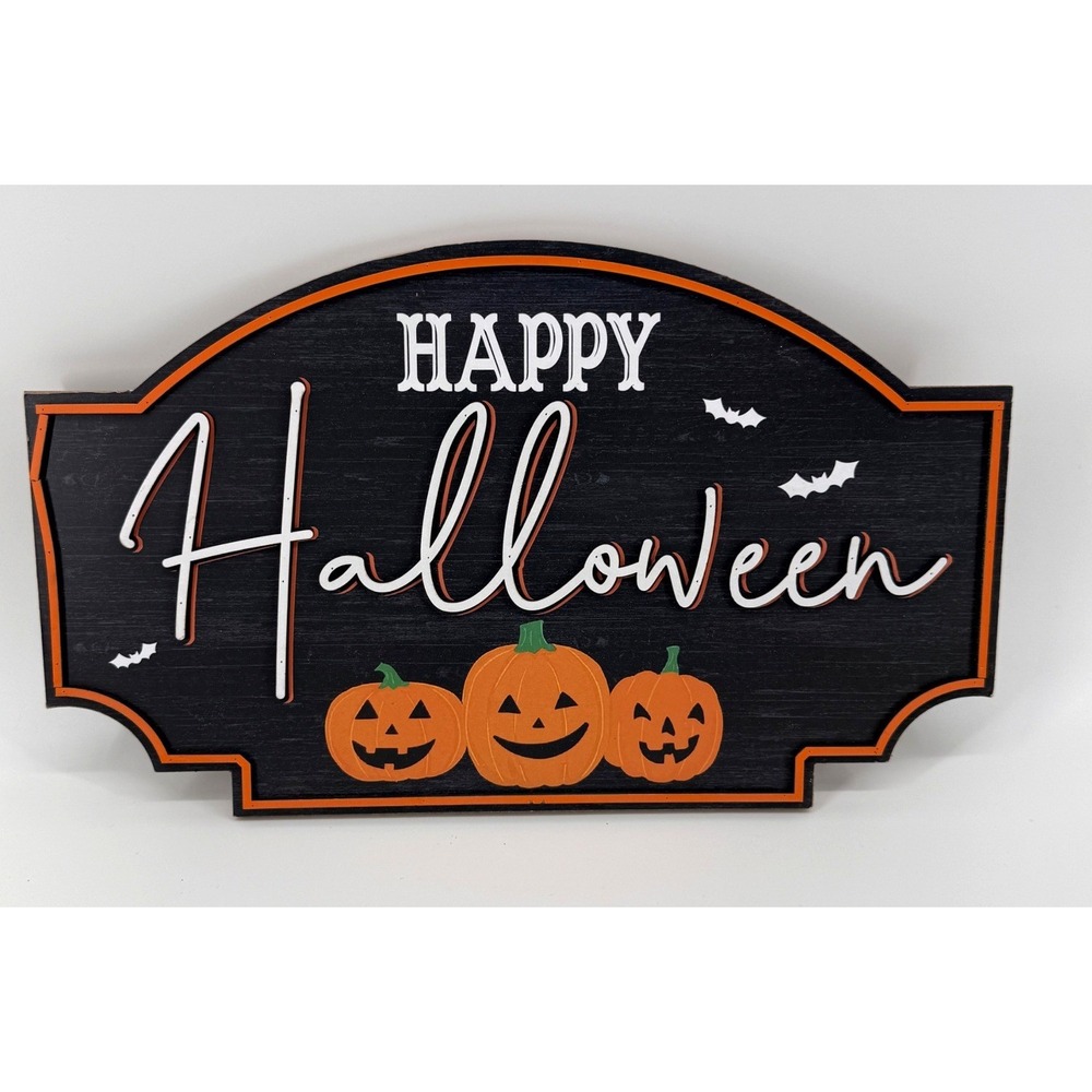 Happy Halloween Wooden Wall Sign Pumpkins Bats Spooky Seasonal Home Decor